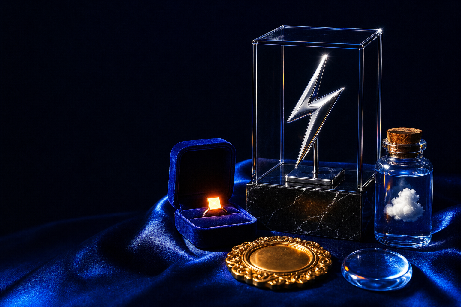 A chrome lightning bolt and absurd luxury curios displayed on blue silk